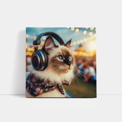 Birman Cat Headphones Floral Bandana Bokeh Lights