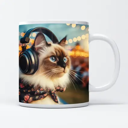 Birman Cat Headphones Floral Bandana Bokeh Lights