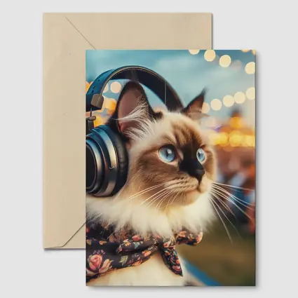 Birman Cat Headphones Floral Bandana Bokeh Lights