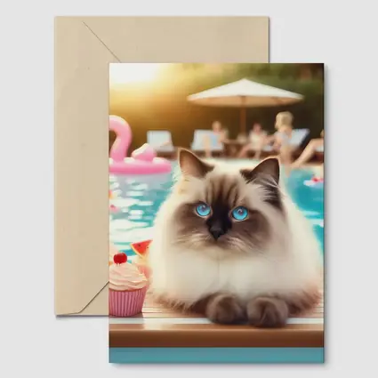Birman Cat Blue Eyes Pool Party Summer