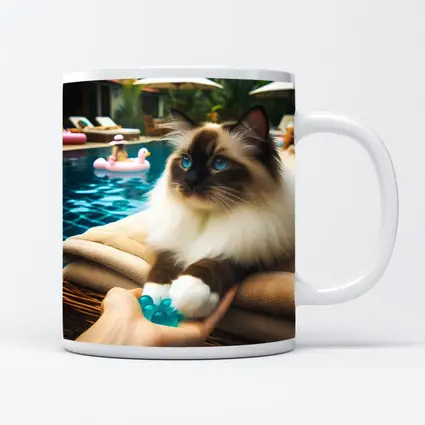 Birman Cat Relaxing By Tropical Pool