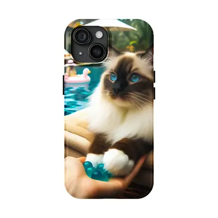 Birman Cat Relaxing By Tropical Pool