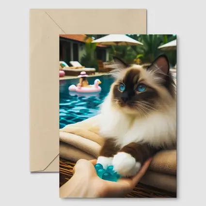 Birman Cat Relaxing By Tropical Pool
