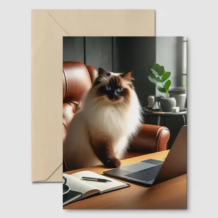 Birman Cat Sitting At Office Desk