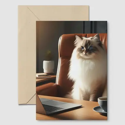 Birman Cat Sitting at Office Desk