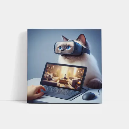 Ragdoll Cat Wearing VR Headset Blue Background