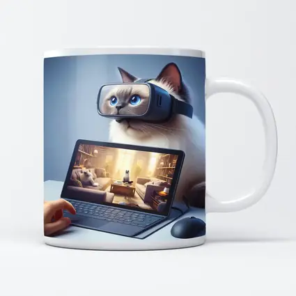 Ragdoll Cat Wearing VR Headset Blue Background