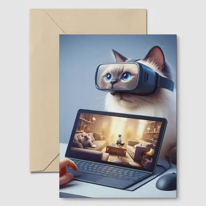 Ragdoll Cat Wearing VR Headset Blue Background