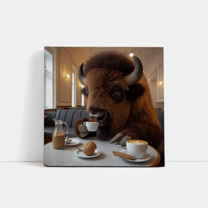 Bison Drinking Coffee In Elegant Cafe
