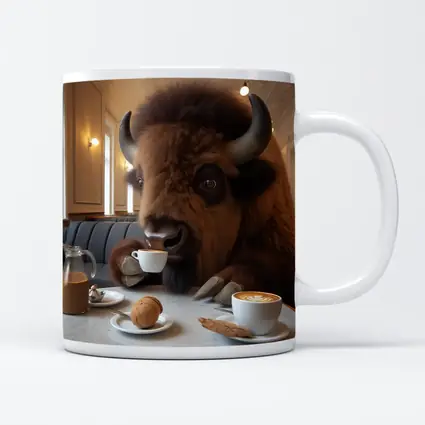 Bison Drinking Coffee In Elegant Cafe