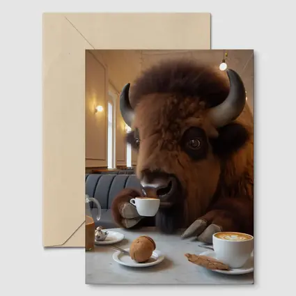 Bison Drinking Coffee In Elegant Cafe