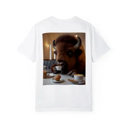 Bison Drinking Coffee In Elegant Cafe