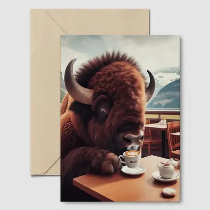 Bison Drinking Coffee at Mountain Cafe
