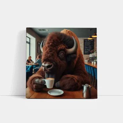 Bison Drinking Coffee In Cozy Cafe