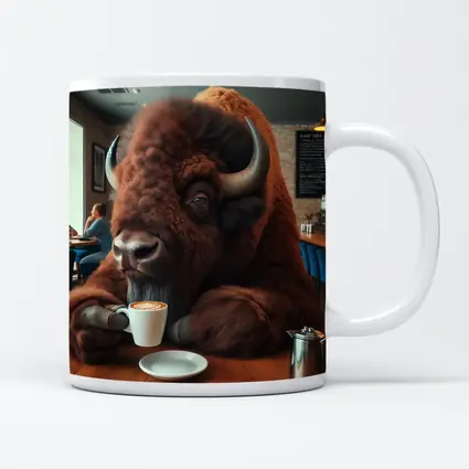 Bison Drinking Coffee In Cozy Cafe