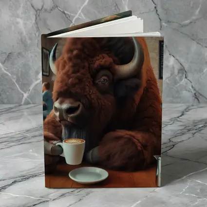 Bison Drinking Coffee In Cozy Cafe
