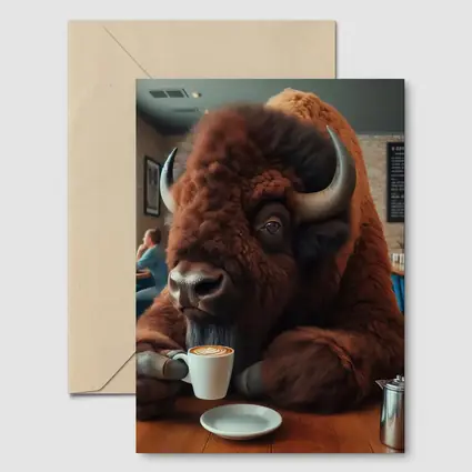 Bison Drinking Coffee In Cozy Cafe