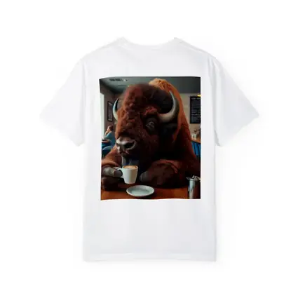 Bison Drinking Coffee In Cozy Cafe