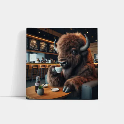 Bison Drinking Coffee In Modern Cafe