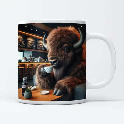 Bison Drinking Coffee In Modern Cafe