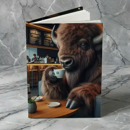Bison Drinking Coffee In Modern Cafe