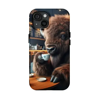 Bison Drinking Coffee In Modern Cafe