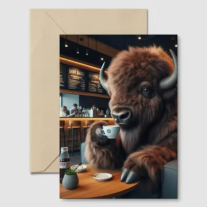 Bison Drinking Coffee In Modern Cafe