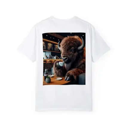Bison Drinking Coffee In Modern Cafe