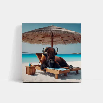 Bison Relaxing on Tropical Beach Lounge Chair