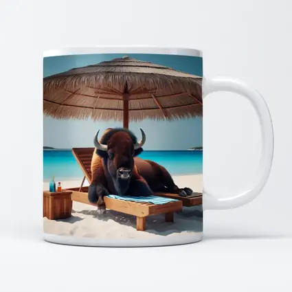 Bison Relaxing on Tropical Beach Lounge Chair