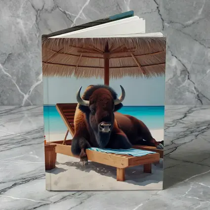 Bison Relaxing on Tropical Beach Lounge Chair