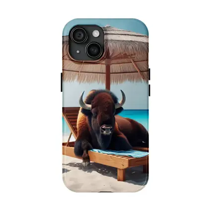 Bison Relaxing on Tropical Beach Lounge Chair