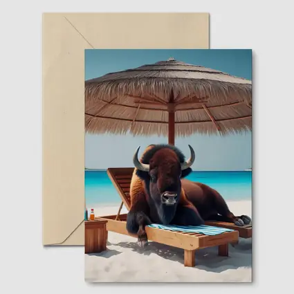 Bison Relaxing on Tropical Beach Lounge Chair