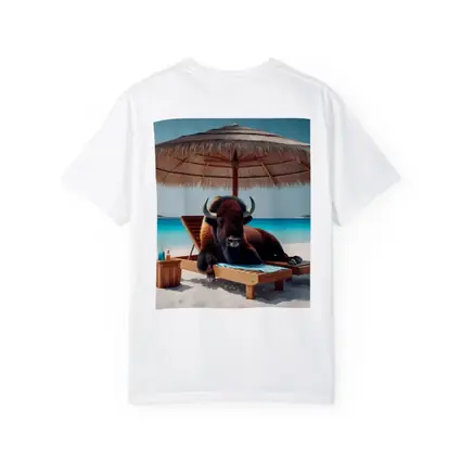 Bison Relaxing on Tropical Beach Lounge Chair