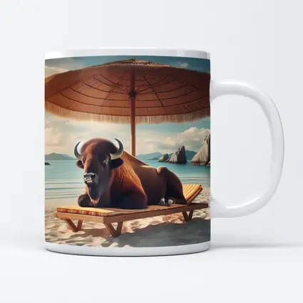 Bison Relaxing On Sunny Beach Lounge Chair