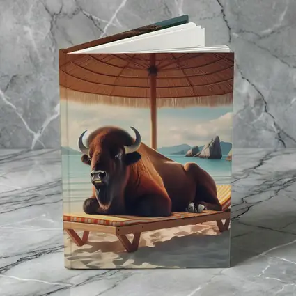 Bison Relaxing On Sunny Beach Lounge Chair