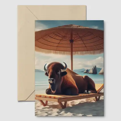 Bison Relaxing On Sunny Beach Lounge Chair