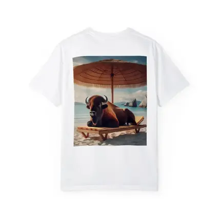 Bison Relaxing On Sunny Beach Lounge Chair