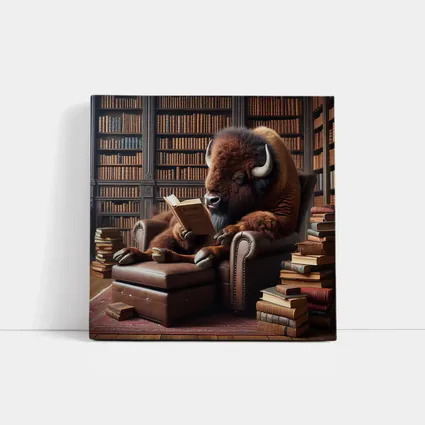 Bison Reading Book in Library Armchair