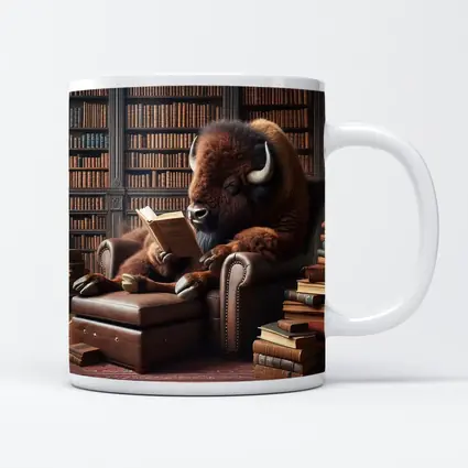 Bison Reading Book in Library Armchair