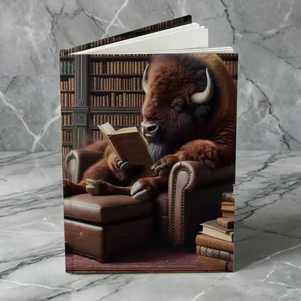Bison Reading Book in Library Armchair