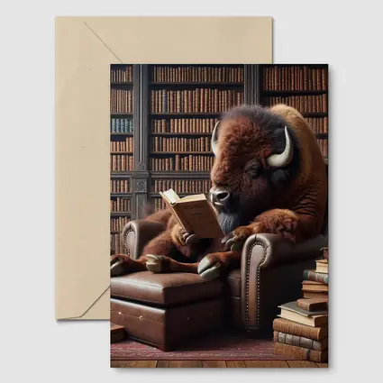 Bison Reading Book in Library Armchair