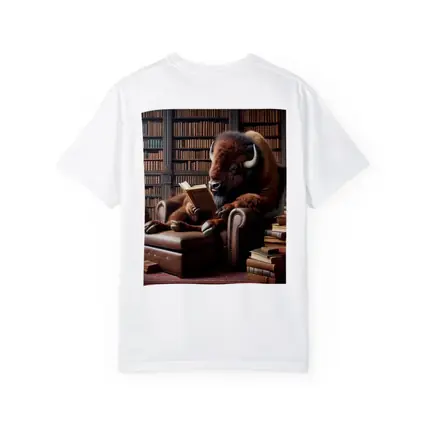 Bison Reading Book in Library Armchair