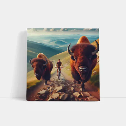 Bison Charging Cyclist Mountain Trail Adventure
