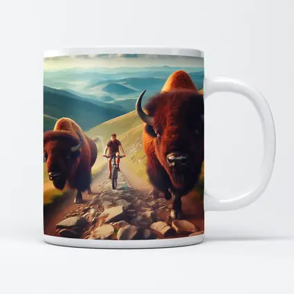 Bison Charging Cyclist Mountain Trail Adventure