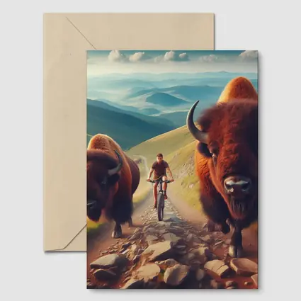 Bison Charging Cyclist Mountain Trail Adventure