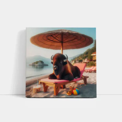 Bison Relaxing On Sunny Beach Lounger