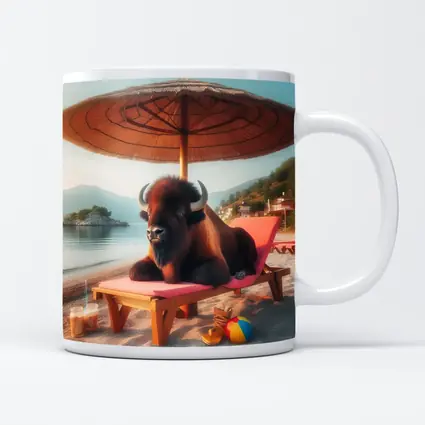 Bison Relaxing On Sunny Beach Lounger