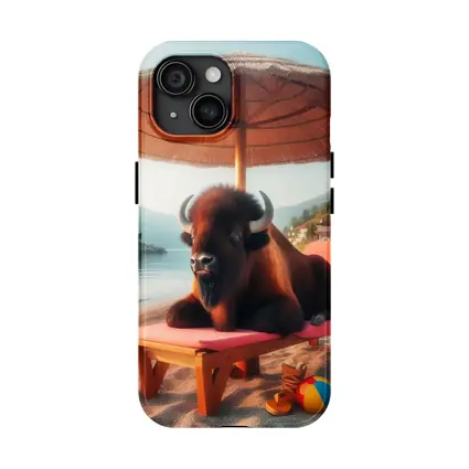 Bison Relaxing On Sunny Beach Lounger