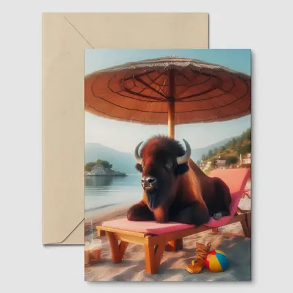 Bison Relaxing On Sunny Beach Lounger